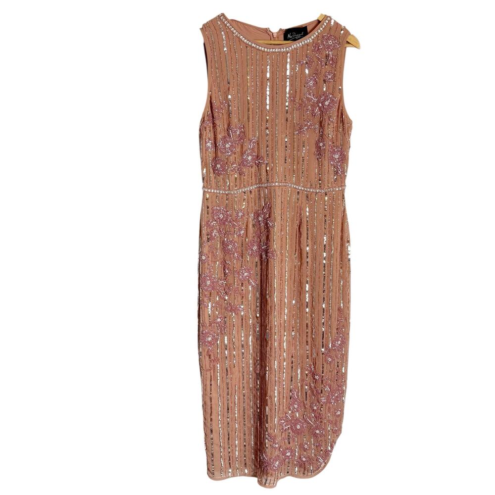 Mac Duggal Rose Pink Floral & Stripe Embellished Cocktail Dress Size 10 - Picture 4 of 13